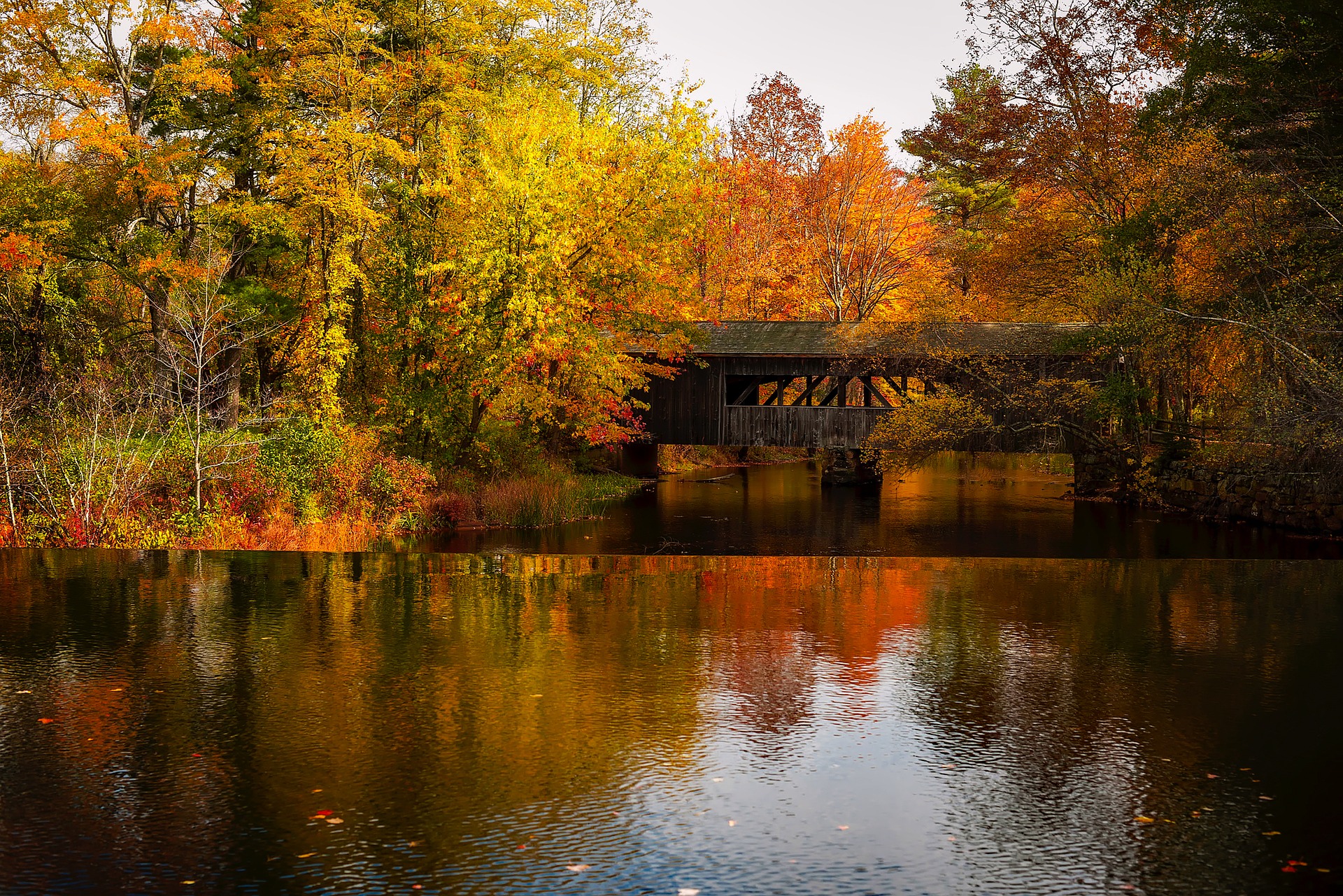 Stay in peace: Covered bridge in fall.